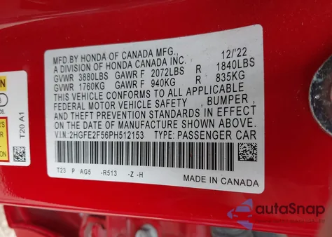 2023 Honda Civic Sport из США, поврежденный, VIN 2HGFE2F56PH512153